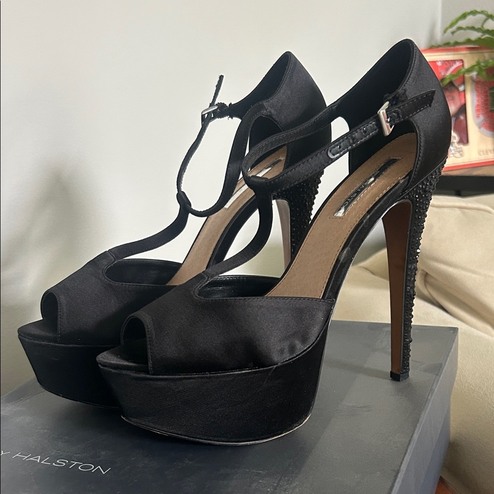 Halston Heritage Black Satin Platform Heels